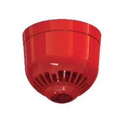 Sirena di allarme multitono da interno per montaggio a soffitto completa di lampeggiante. Protezione IP21. Colore rosso. CPR certified to EN54:3 and EN54:23
