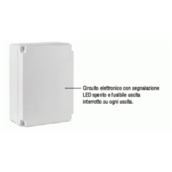 Unità di alimentazione 24 Vca 150 VA, con corrente max 5 A in contenitore plastico IP 56 da esterno per sistemi TVCC. Ingresso 230 Vca, 6 uscite indipendenti protette da fusibili.