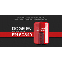 Sirena autoalimentata per evacuazione locali a 13,8 Vcc con lampeggiante a LED e scheda vocale. Coperchio di colore rosso brillante, calotta per lampeggiante arancio.