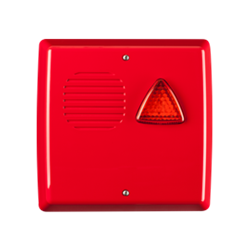 Sirena autoalimentata da esterno a 24 Vcc con lampeggiante a LED. Coperchio in ABS V0 di colore rosso brillante, calotta per lampeggiante arancio. Omologata EN 54-3.