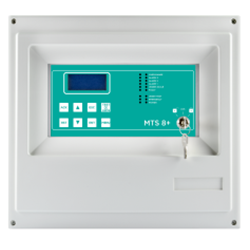 Centrale di rivelazione gas  equipaggiata di 8 ingressi analogici 4-20 mA espandibile a 16 (scheda STG8IN-S) e 6 relè d’uscita a bordo centrale.